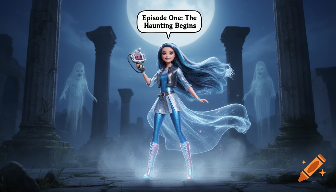 A Barbie-style doll in a sparkly blue outfit with a ghost device stands in ruins with two ghosts under a full moon, speech bubble says 'Episode One: The Haunting Begins'.