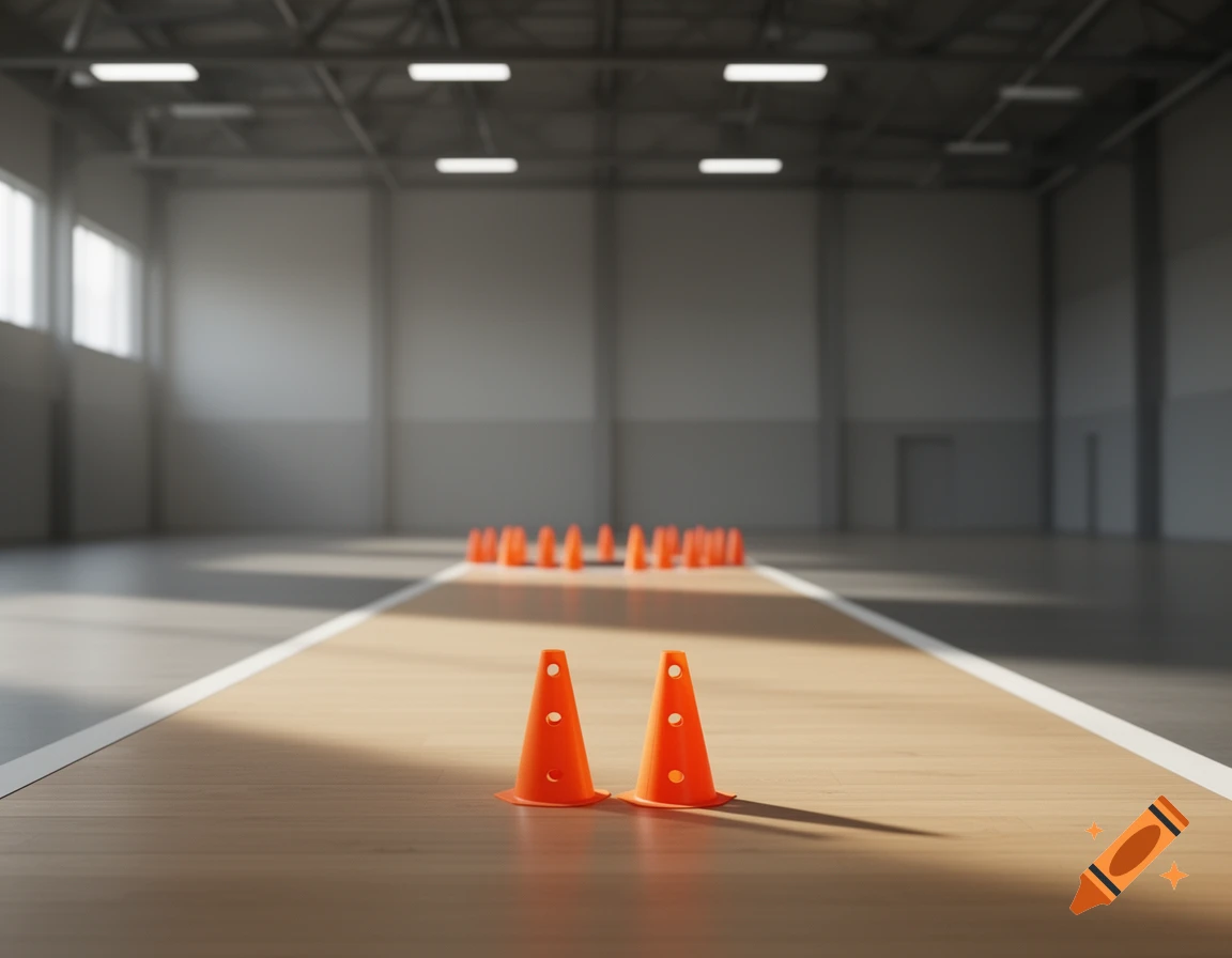 An indoor sports hall with two orange training cones in the foreground and a line of cones in the distance on a wooden floor.
