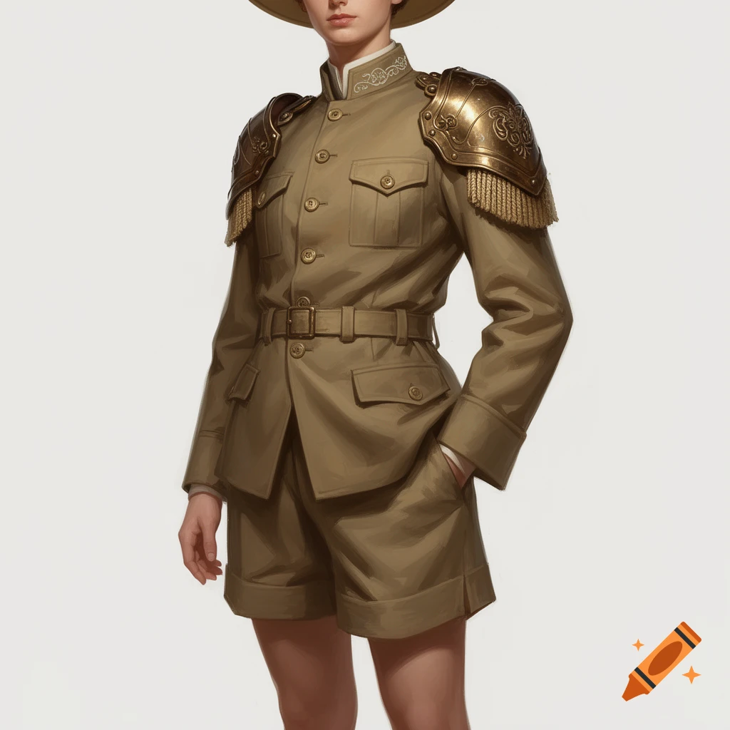 A person in a 1900s European safari-style uniform with ornate gold shoulder armor and a wide-brimmed hat.