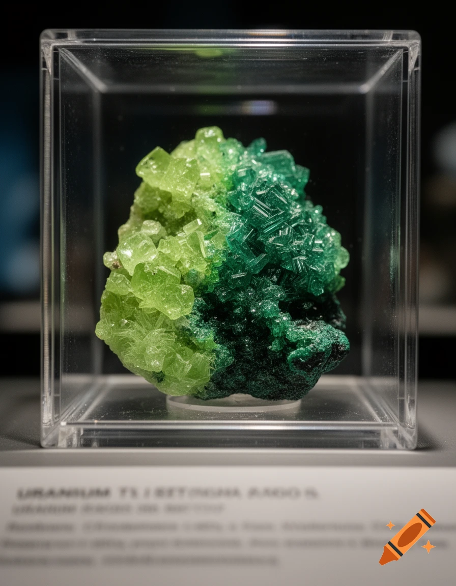 A close-up photograph of a bright green and dark green crystalline mineral inside a clear square display case, with a blurry label beneath.