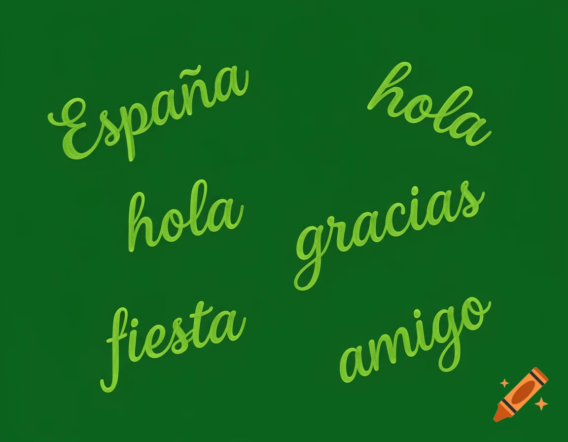 Cursive light green Spanish words "España", "hola", "gracias", "fiesta", "amigo" on a dark green background.
