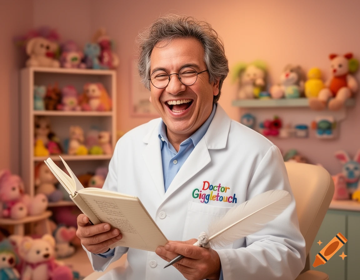 A photorealistic image of a laughing man in a white doctor's coat, holding a book and a quill, surrounded by colorful stuffed animals.