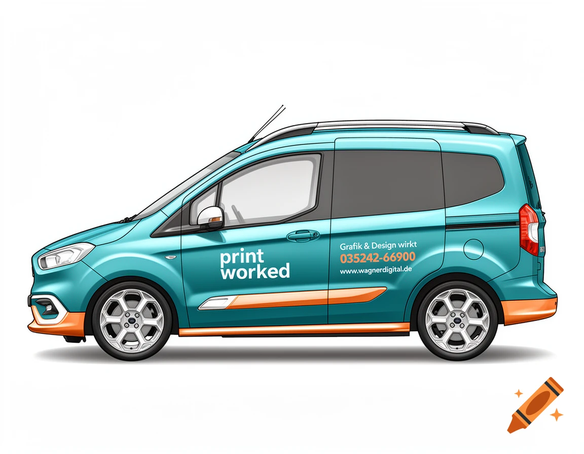 An illustrated teal van with orange accents, branded with 'print worked' and 'Grafik & Design wirkt', a phone number, and a website.