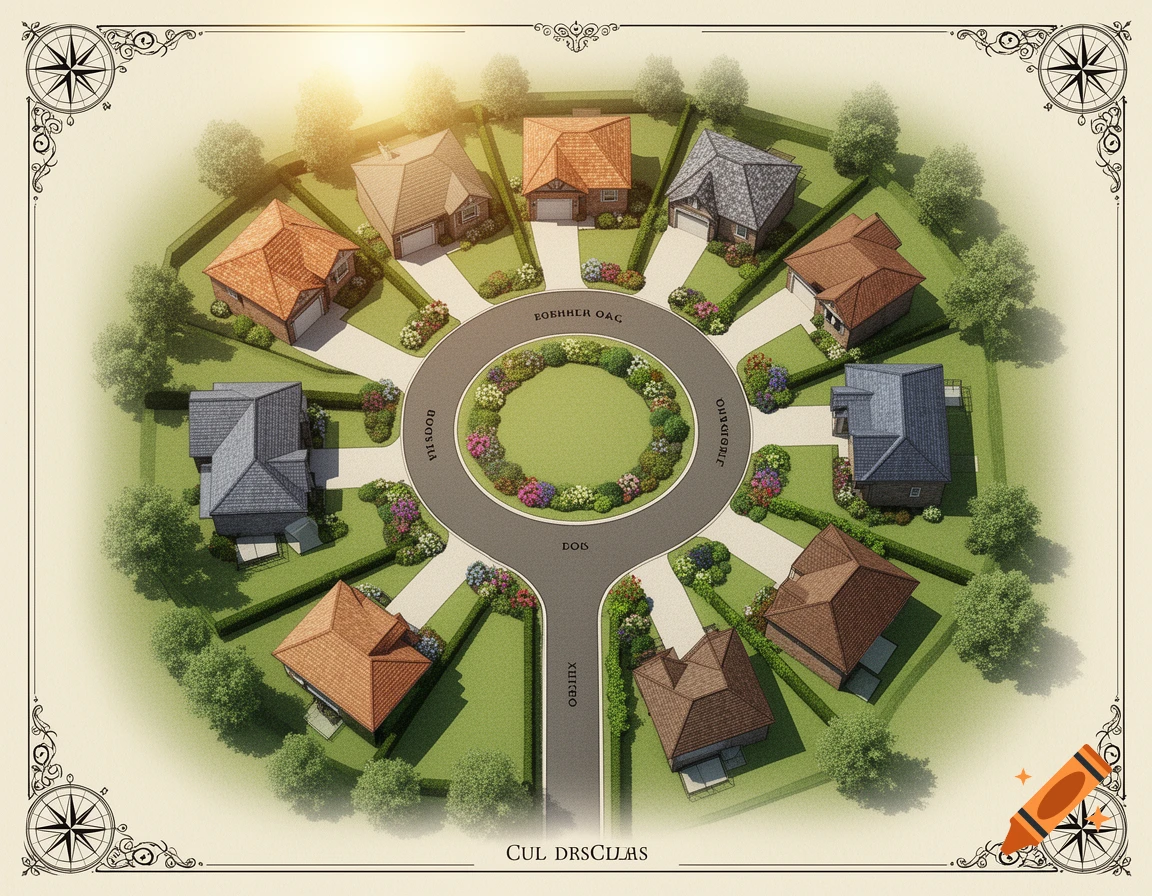 Overhead view of a cul-de-sac neighborhood with a central roundabout, surrounded by houses, trees, and landscaping, depicted in a map style with decorative corner elements.