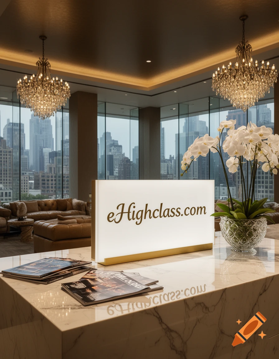 A luxurious reception area with an 'eHighclass.com' sign, white orchids, marble counter, ornate chandeliers, and a city view.
