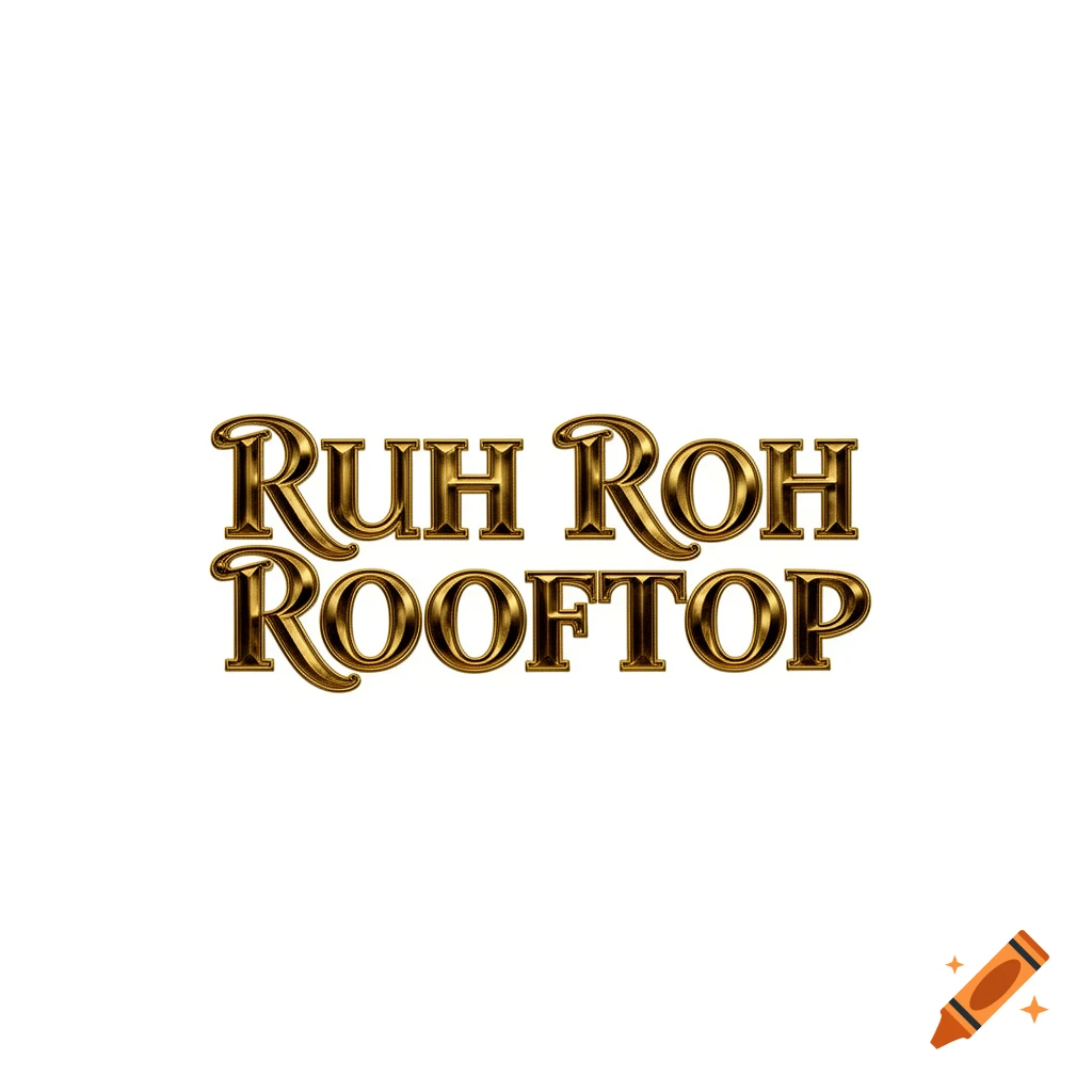 Gold, luxurious 3D text spelling "Ruh Roh Rooftop" on a white background.