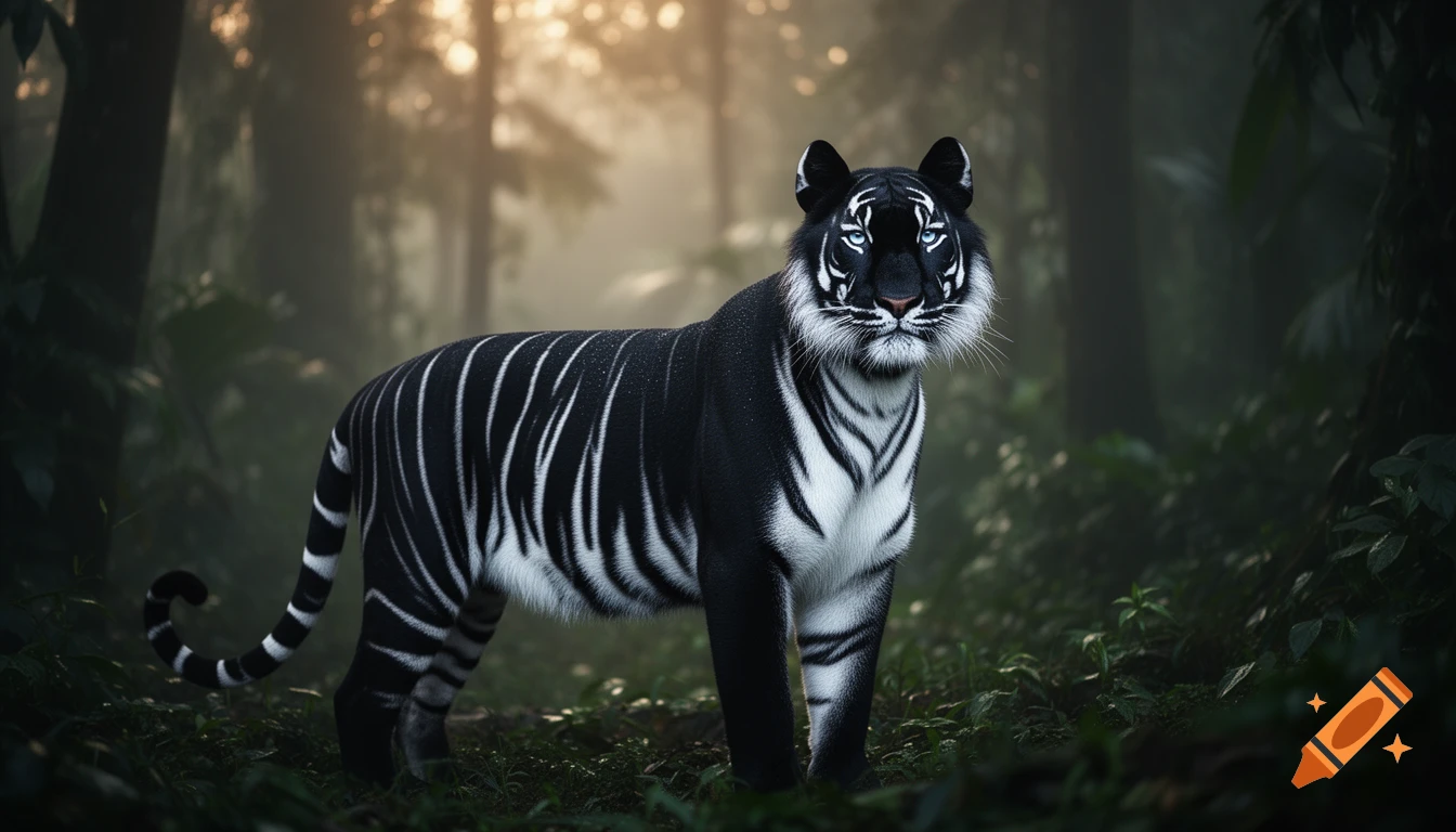 A melanistic white tiger with black fur and white stripes stands in a misty, sunlit jungle, looking towards the viewer. Photorealistic.