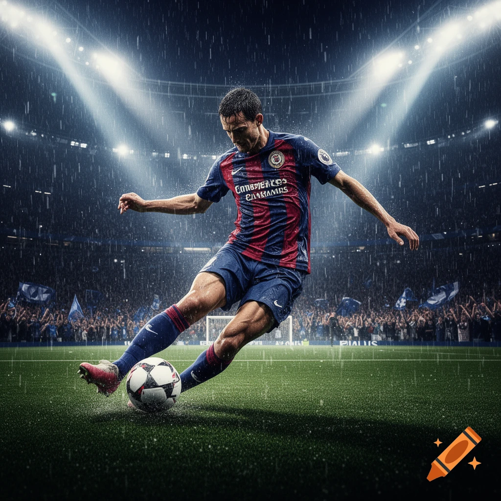 A soccer player in a red and blue jersey kicks a ball on a rainy field in a brightly lit stadium at night, cinematic style.