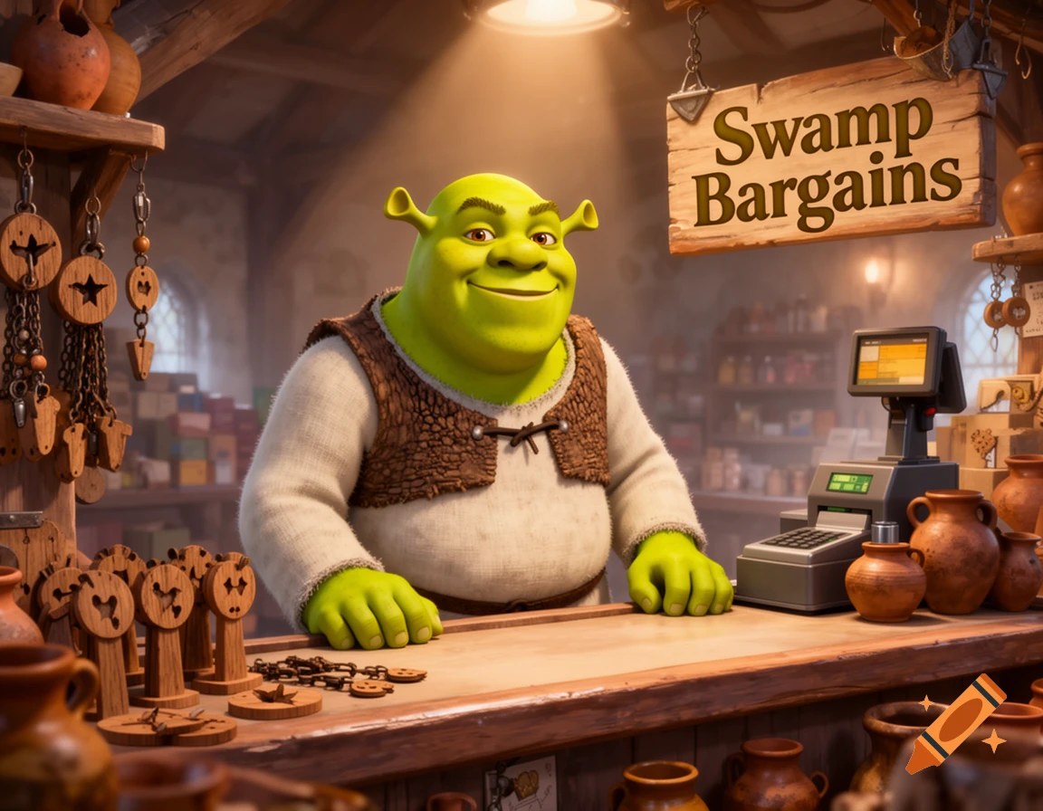 Shrek, the green ogre, smiles behind a wooden counter in a rustic store named "Swamp Bargains," acting as a cashier.