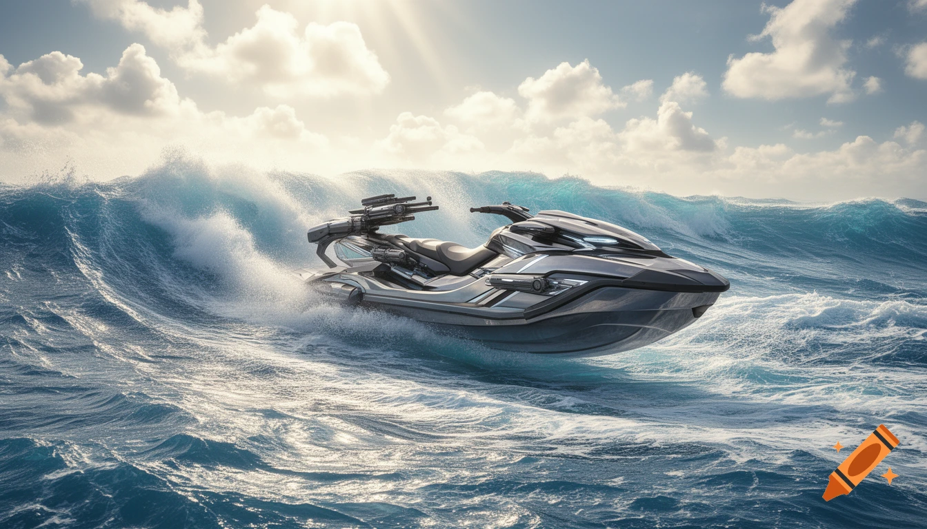 A sleek, futuristic dark grey jet ski with weapon systems rides a large ocean wave under a bright, cloud-filled sky with sun rays.
