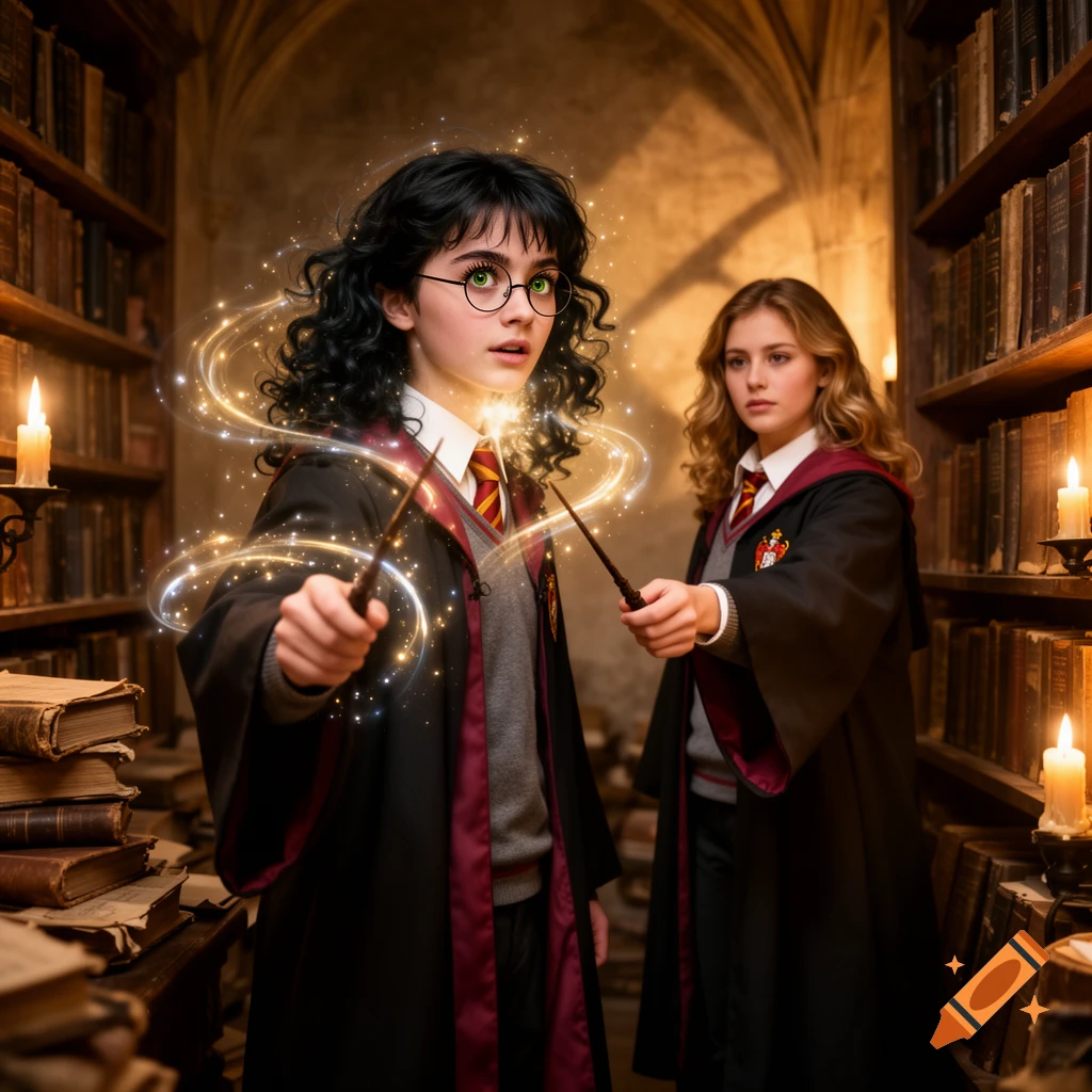 Two young women in wizard robes cast spells with wands in a magical, candlelit library.