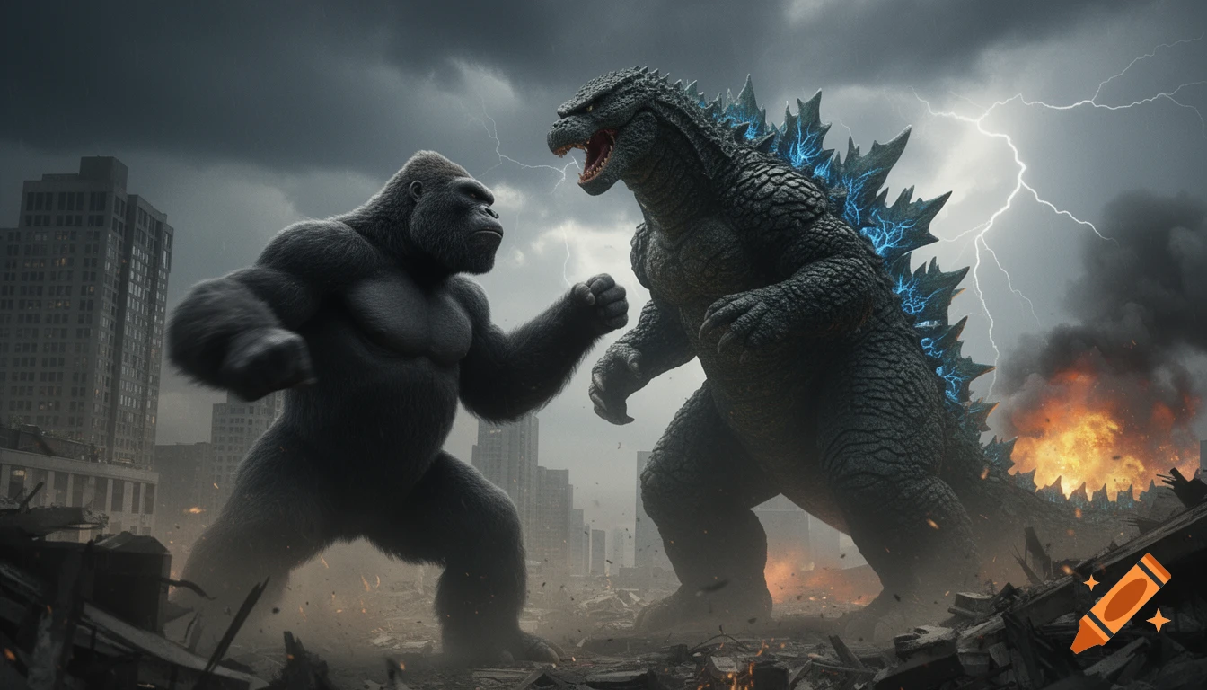 King Kong and Godzilla battle in a ruined city under a stormy sky with lightning and fire.