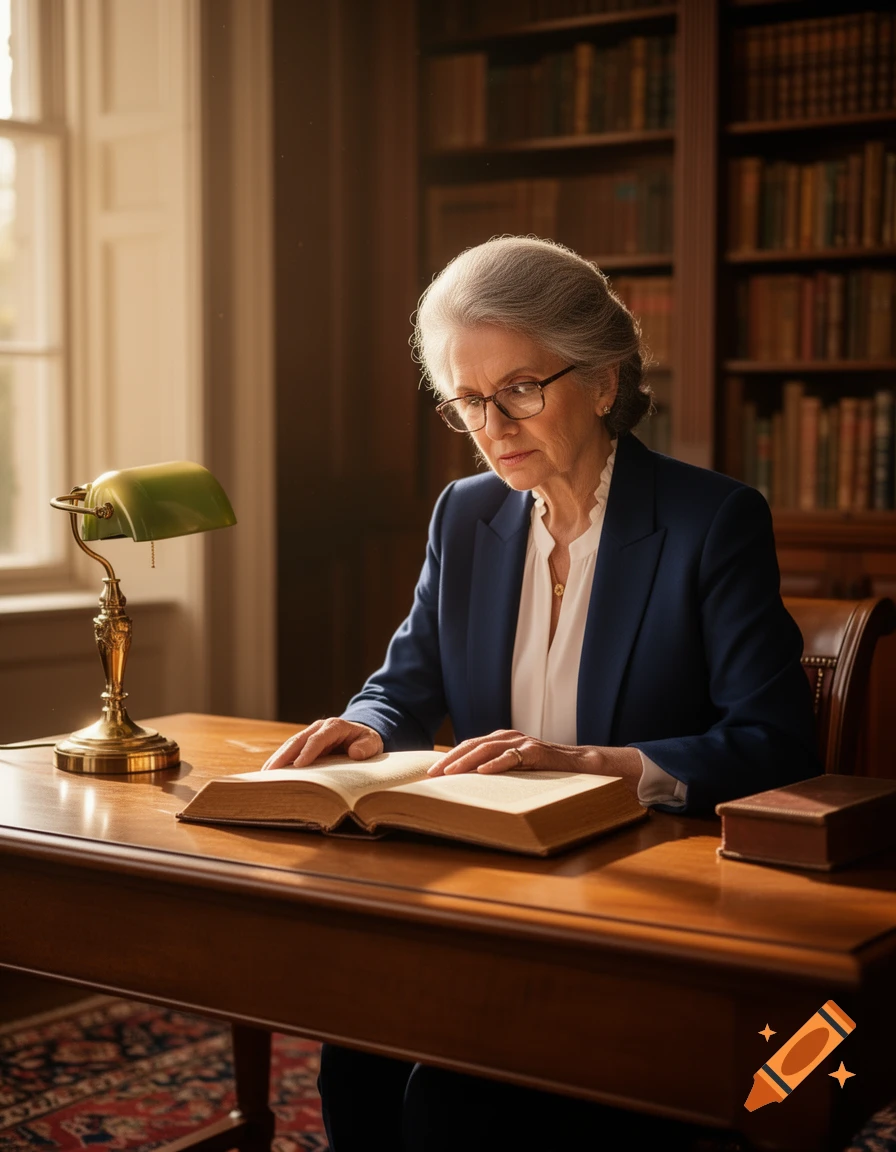 A grey-haired woman with glasses reads a large open book at a wooden desk under a green lamp in a sunlit library.