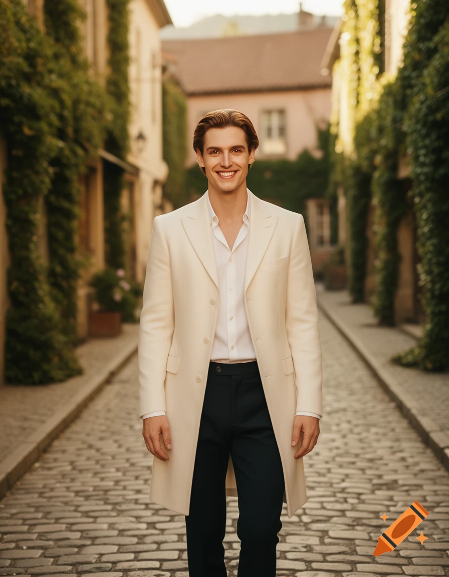 Smiling man with swept-back hair in a cream overcoat and dark pants stands on a cobblestone street lined with vine-covered buildings.