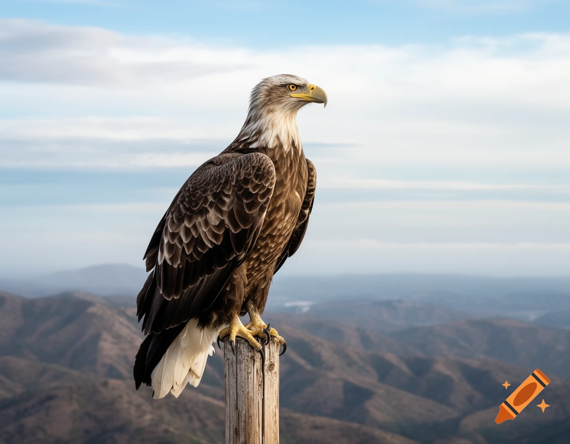 A majestic eagle with a white head and brown body perches on a wooden pole, overlooking a mountainous landscape under a cloudy sky.