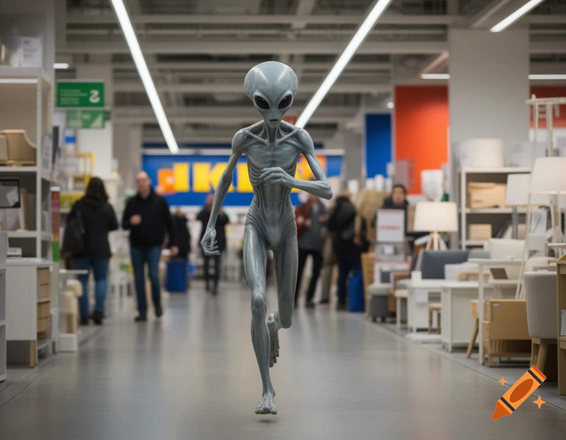 A grey alien with large black eyes runs down the main aisle of a brightly lit IKEA store, with shoppers and furniture displays in the blurred background.