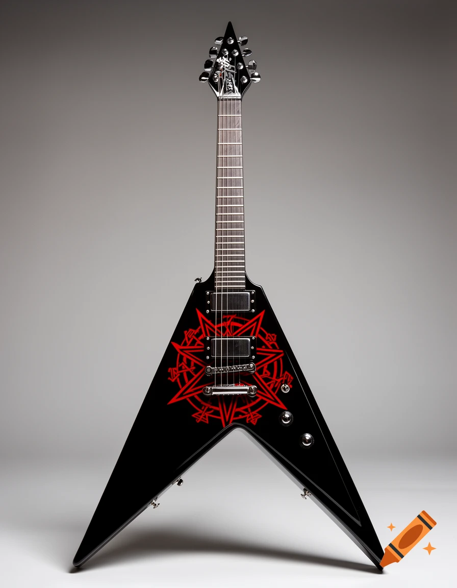 A sleek black V-shaped electric guitar features a prominent red Chaos star symbol on its body, set against a neutral grey background.