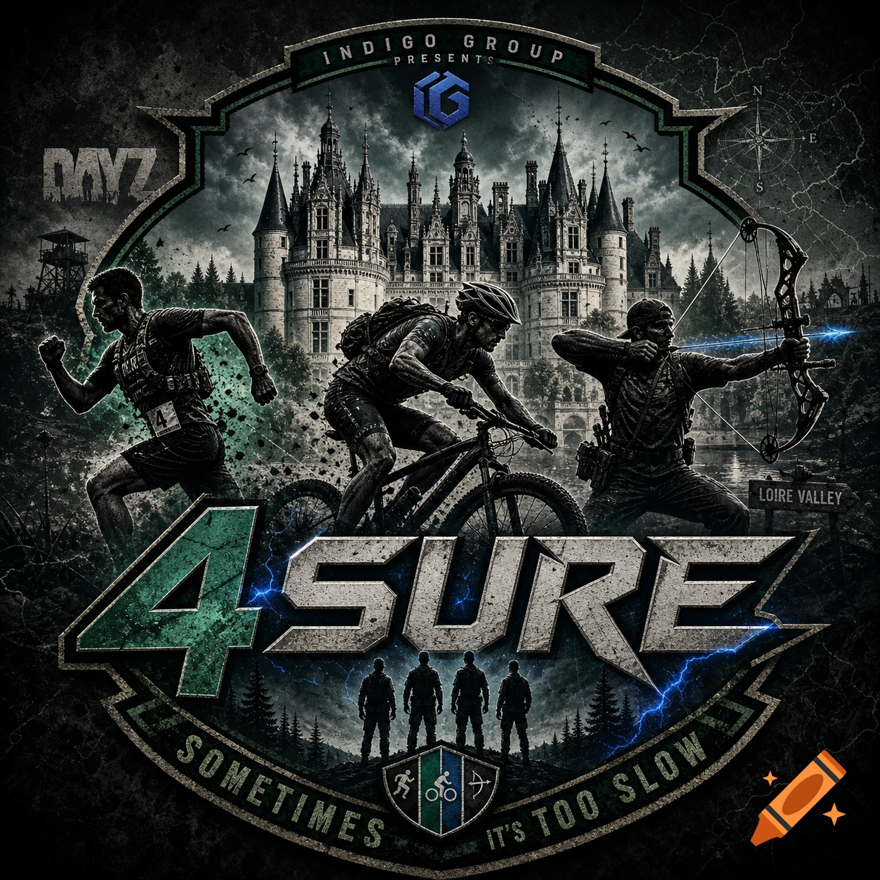 A grungy, stylized sports logo featuring a runner, cyclist, and archer over a dark castle and forest backdrop. Text reads "INDIGO GROUP PRESENTS DAYZ 4 SURE LOIRE VALLEY SOMETIMES IT'S TOO SLOW".