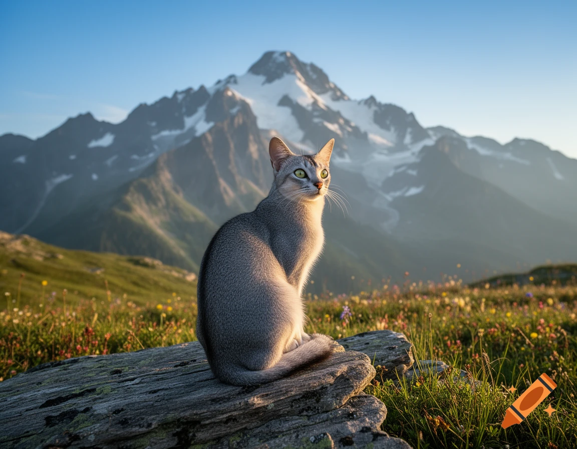 A grey cat with bright green eyes sits on a rock in a field of wildflowers, with a large, snow-capped mountain in the background under a clear sky.