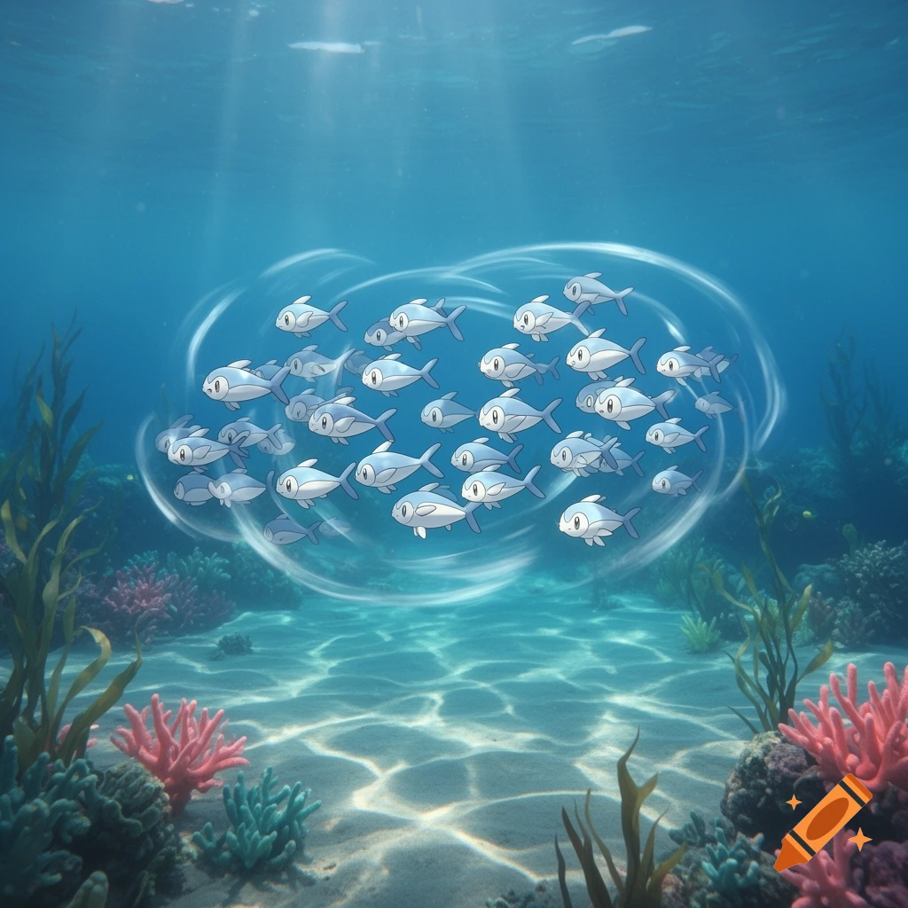 A school of stylized grey fish, resembling Wishiwashi, swim in an oval formation with a glowing aura in a vibrant coral reef.