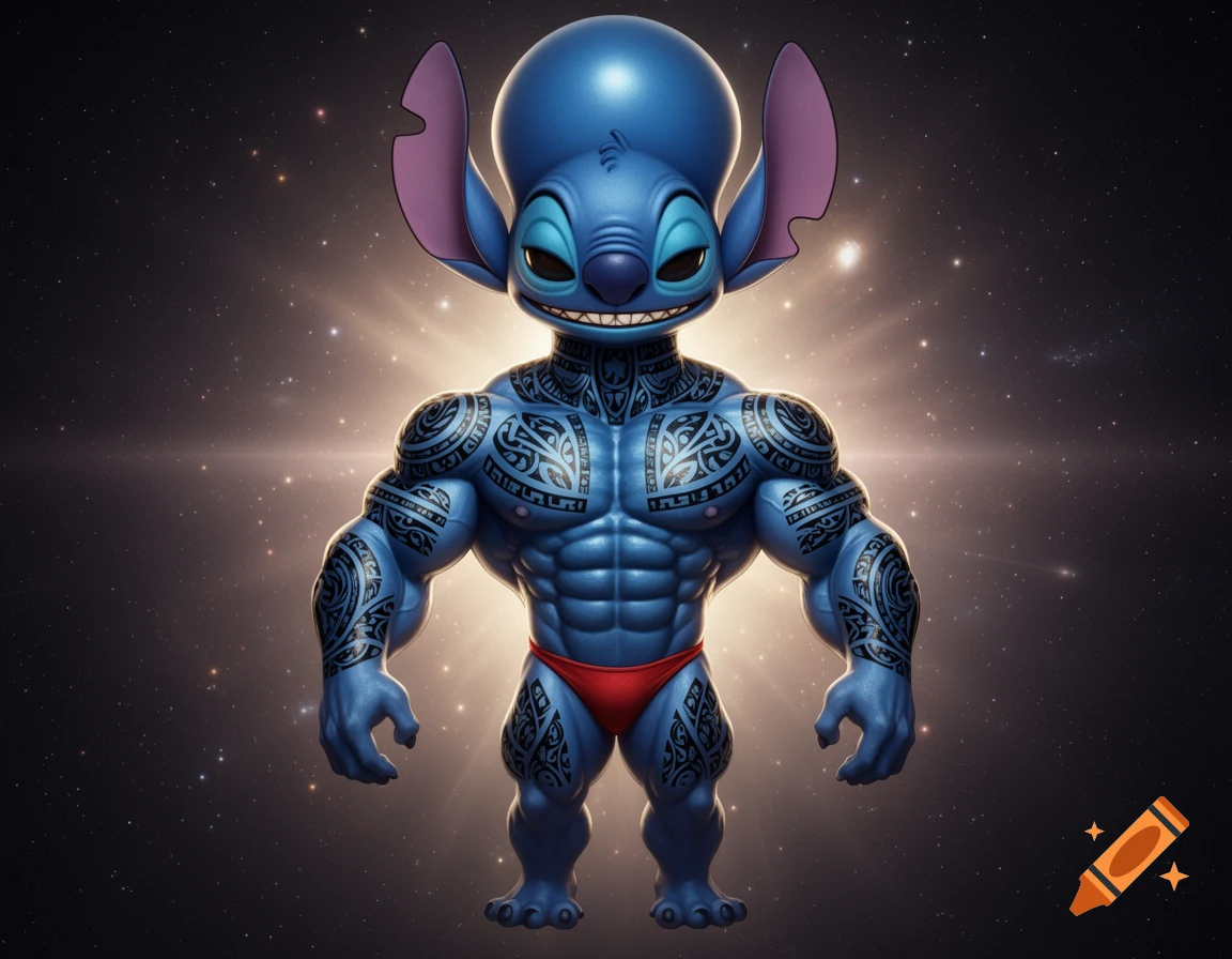 A muscular, tattooed Stitch from Lilo & Stitch, wearing a red posing thong and floating in space with a glowing background.