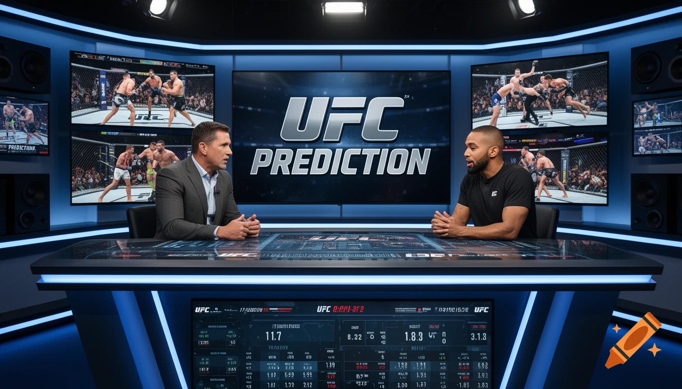Two men sit at a futuristic desk in a TV studio, facing each other, with multiple screens displaying UFC fights and