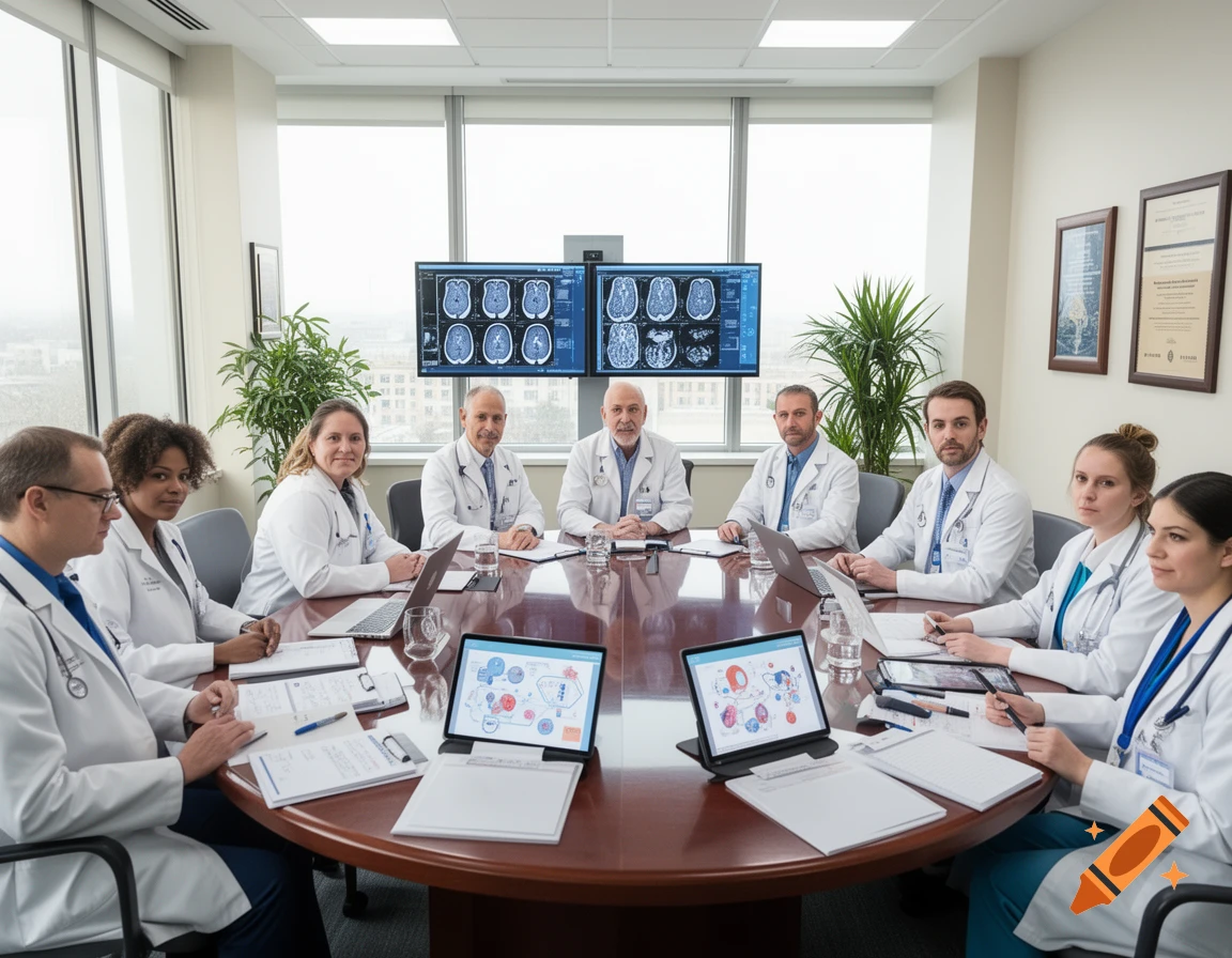 Photorealistic image of a diverse group of doctors in white coats and stethoscopes, seated around a large brown conference table in a modern meeting room, with brain scans displayed on wall monitors.
