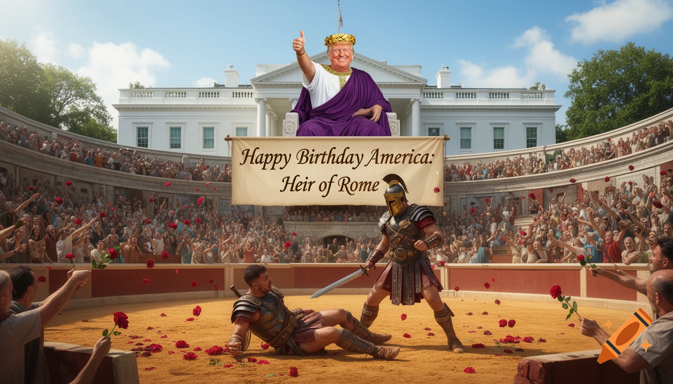 Donald Trump as a Roman Emperor giving a thumbs-up from the White House balcony overlooking an arena with gladiators, while spectators throw roses.