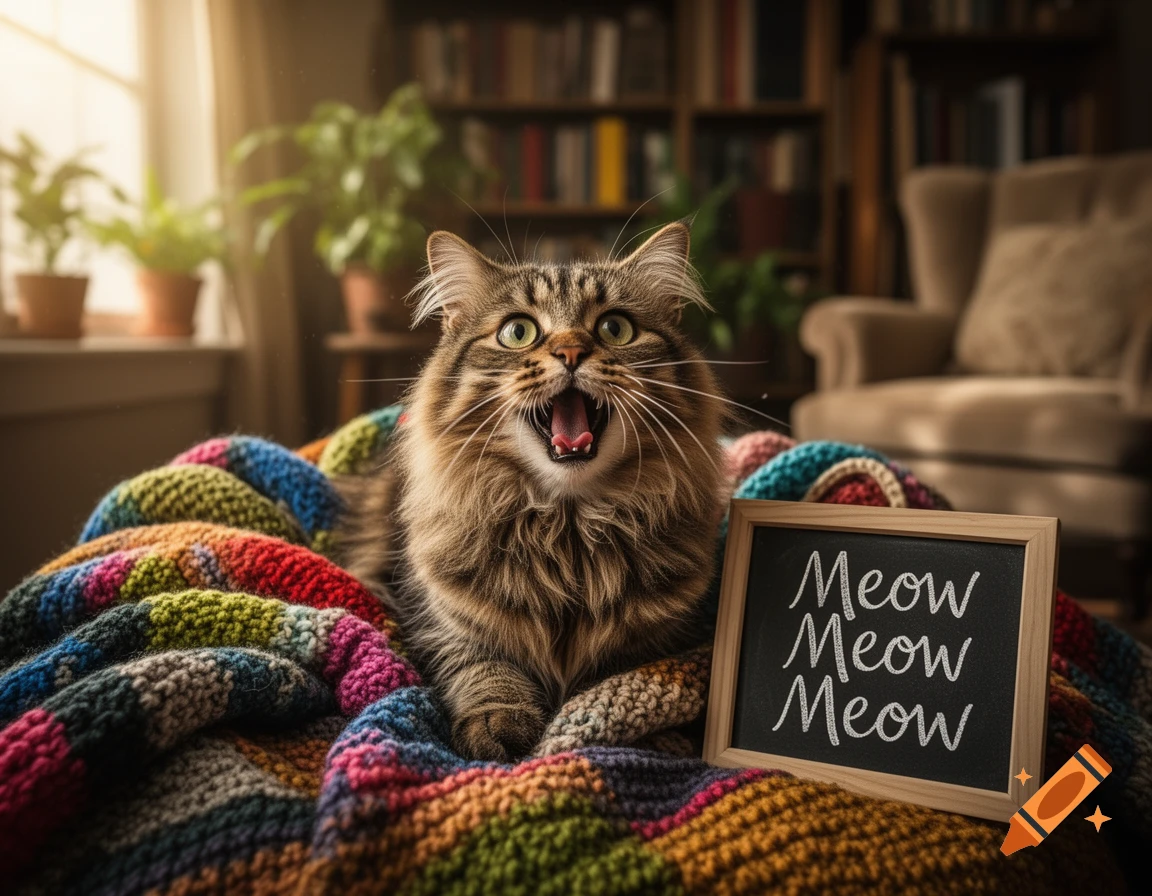 A fluffy tabby cat with an open mouth sits on a colorful knitted blanket next to a chalkboard sign that says "Meow Meow Meow" in a cozy room.
