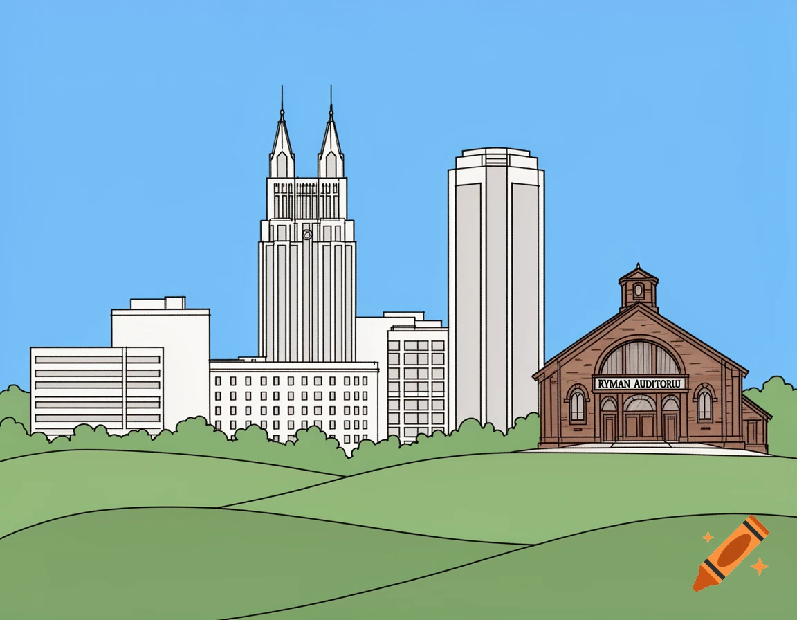 Simple illustration of the Nashville skyline with the Ryman Auditorium, modern buildings, and green hills under a blue sky.