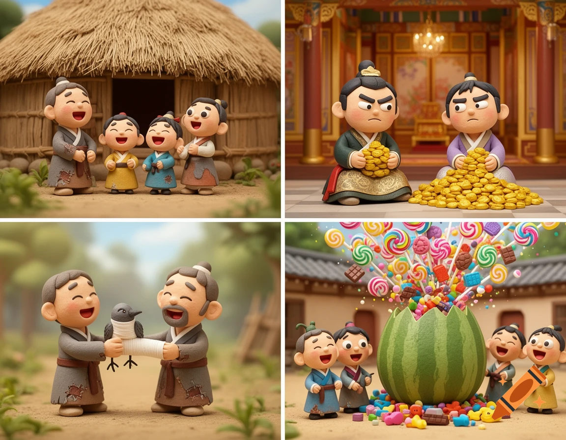 Four panels in a cute claymation style depicting a Korean folktale: a happy family, angry men with gold, helping a bird, and a family with candy from a watermelon.
