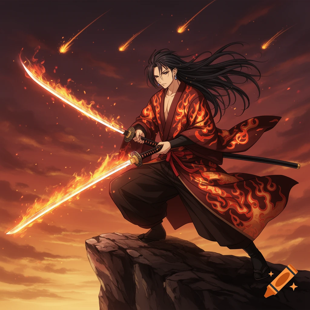 An anime warrior with long dark hair in a flame-patterned kimono stands on a rock, holding two fiery katanas as meteors fall in the dramatic sky.
