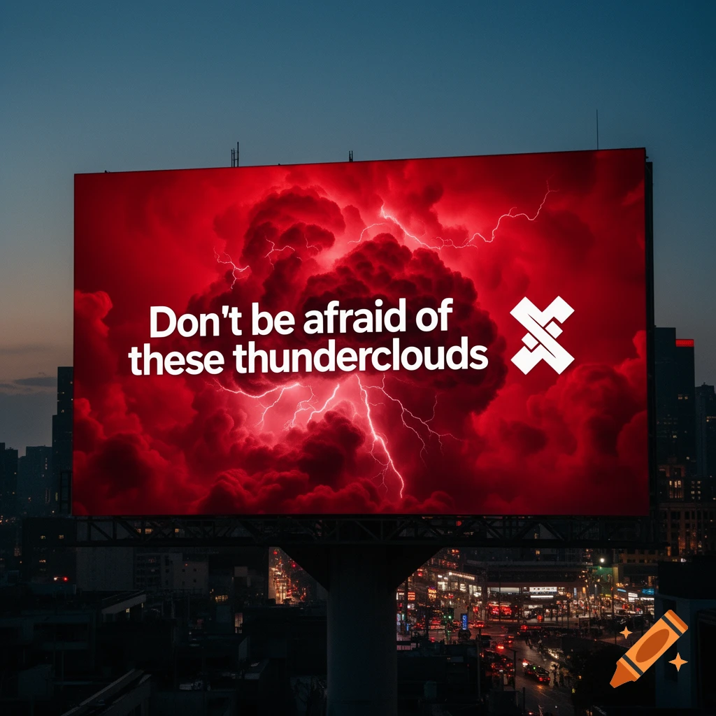 A large billboard displays red thunderclouds with lightning and the text "Don't be afraid of these thunderclouds" over a city at dusk.