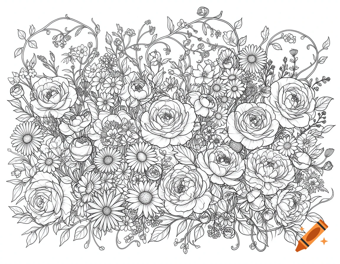 Highly detailed black-and-white line art of a dense floral arrangement featuring roses, daisies, peonies, and wildflowers with intertwining vines and leaves, in a coloring-book style.
