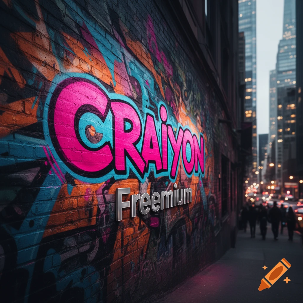 A vibrantly spray-painted brick wall with "CRAIYON" and "Freemium" graffiti, overlooking a busy city street at night.