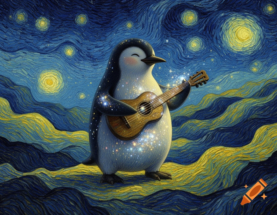 A charming penguin playing a guitar under a starry night sky, rendered in the distinctive swirly brushstroke style of Van Gogh.