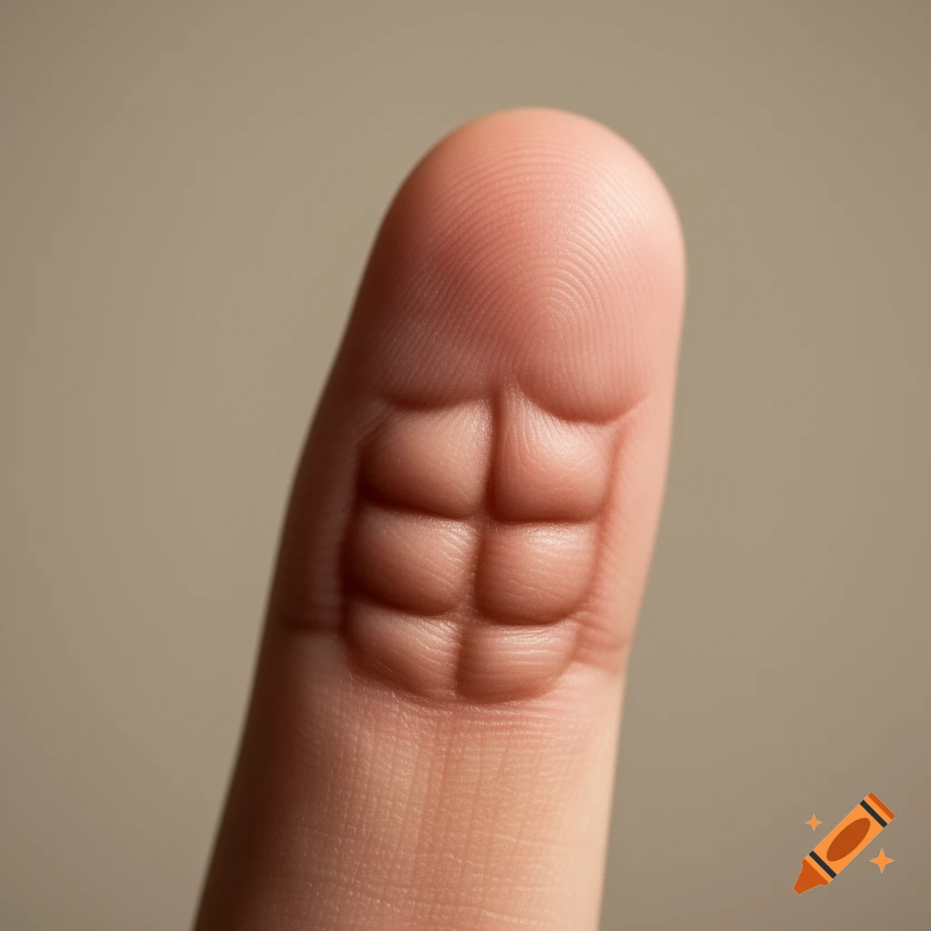 Photorealistic close-up of a human finger with sculpted six-pack abs.