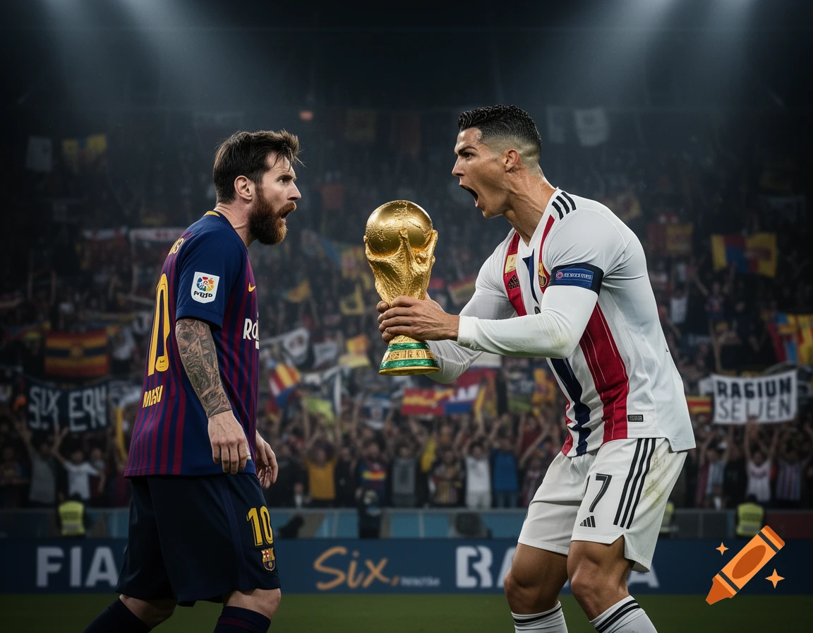 Photorealistic image of Lionel Messi and Cristiano Ronaldo facing each other on a football pitch, under stadium lights. Ronaldo holds a golden World Cup trophy, yelling, while Messi looks at him intently.
