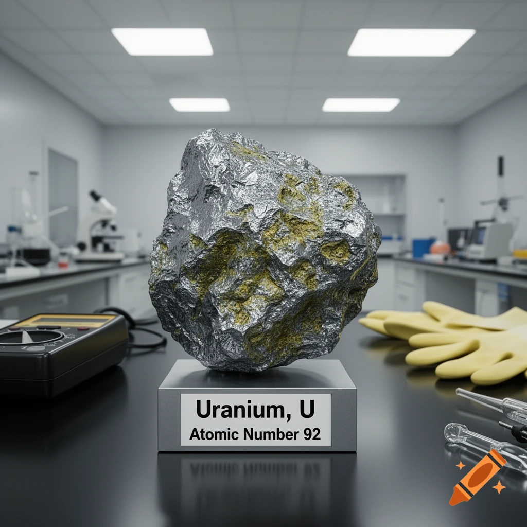 A photorealistic image of a metallic uranium ore specimen on a stand in a laboratory, labeled 'Uranium, U Atomic Number 92'.