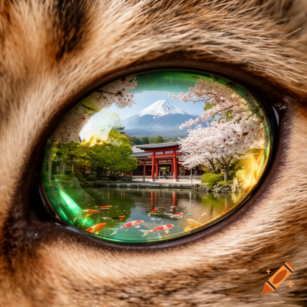 A close-up of a brown tabby cat's eye reflecting a vibrant Japanese landscape with Mount Fuji, a red torii gate, cherry blossoms, and koi fish in a pond.