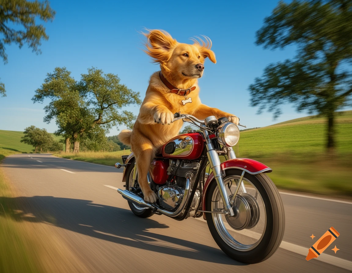 A golden retriever, wearing a collar, rides a vintage red motorcycle on a sunny country road, with wind blowing through its ears.