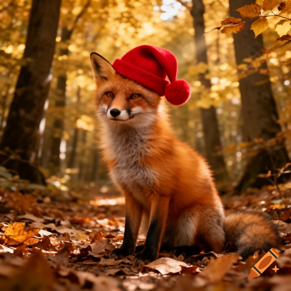 A red fox wearing a small red hat sits among fallen autumn leaves in a sunlit forest.