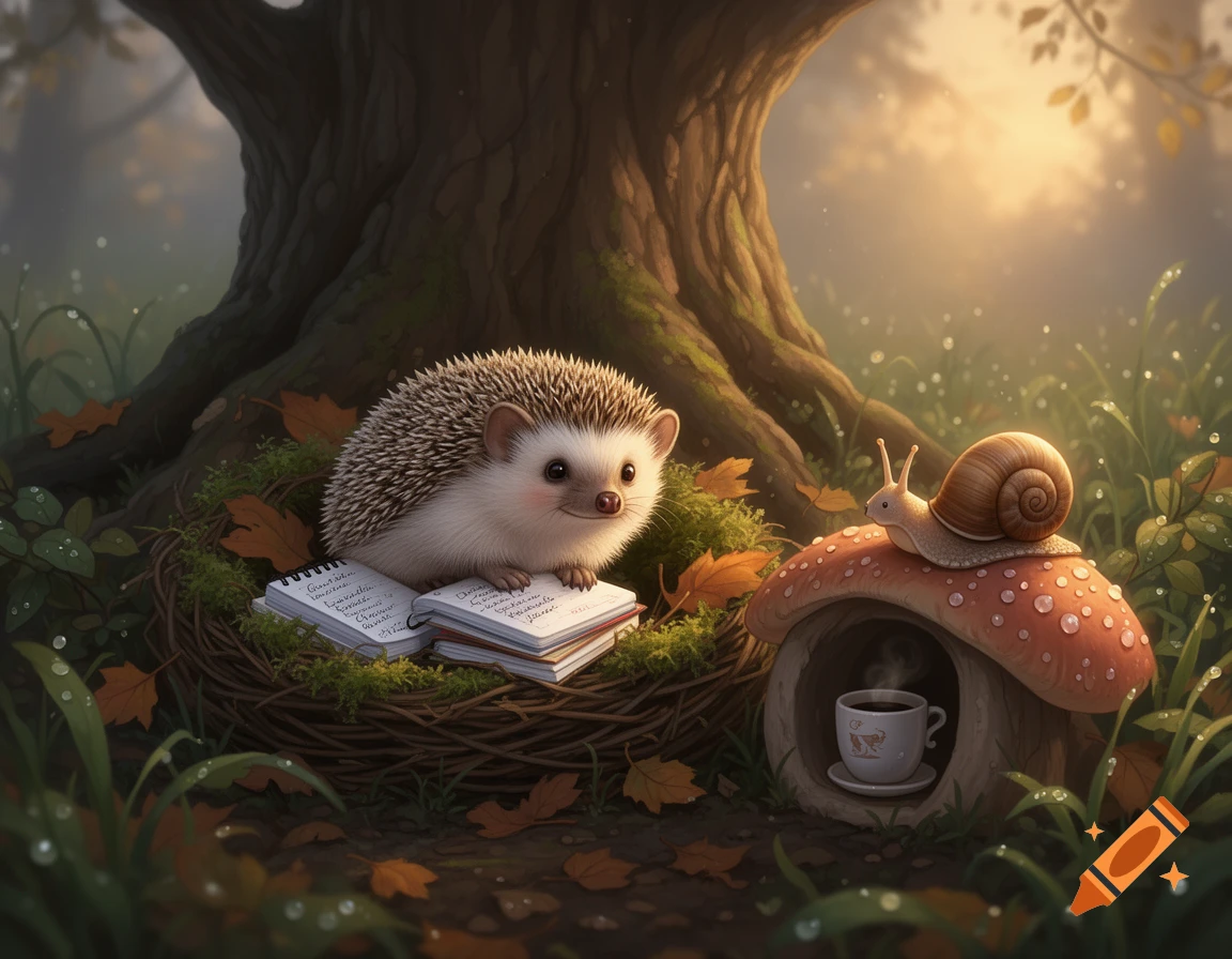A cute hedgehog reads in a nest under a tree, a snail on a mushroom house with coffee, at sunrise in a misty forest.