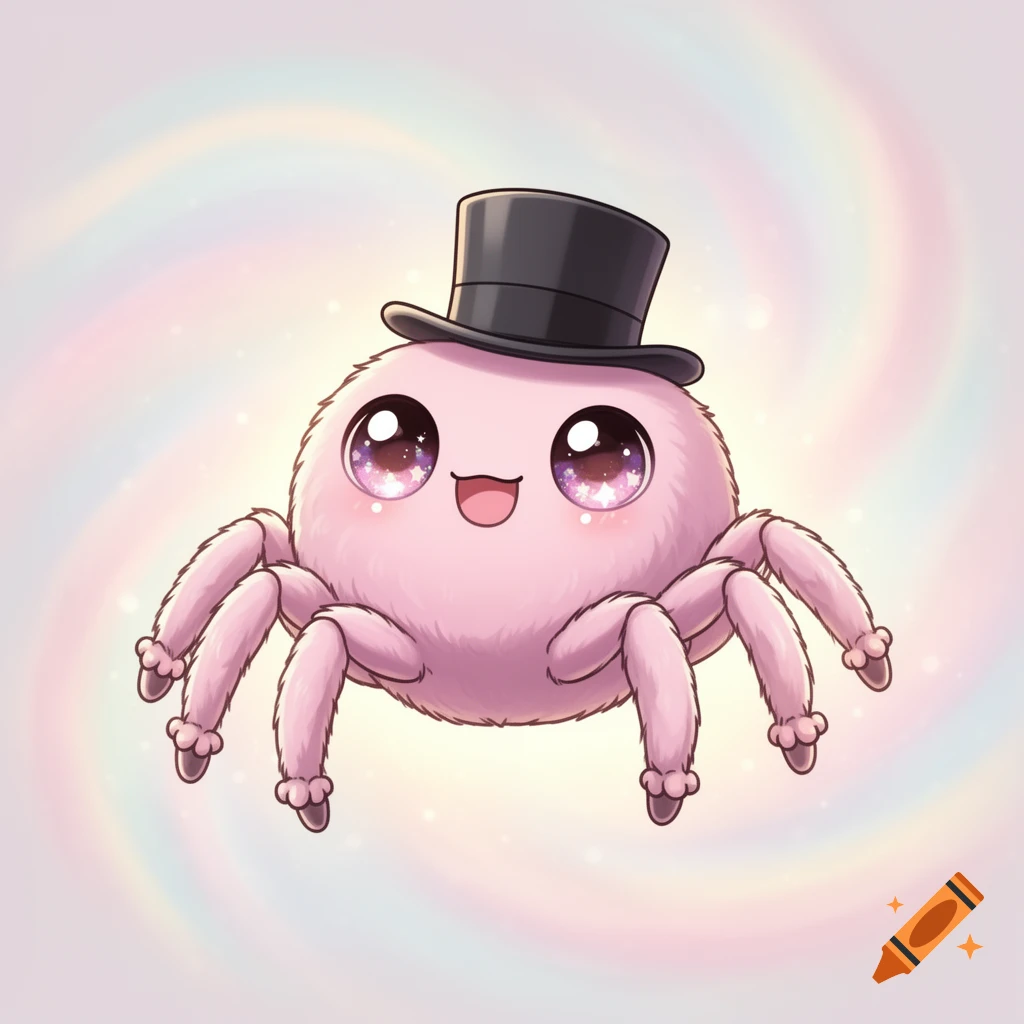 A cute, fluffy pink cartoon spider with large, sparkly eyes and a happy smile, wearing a black top hat, against a soft, swirling rainbow background.