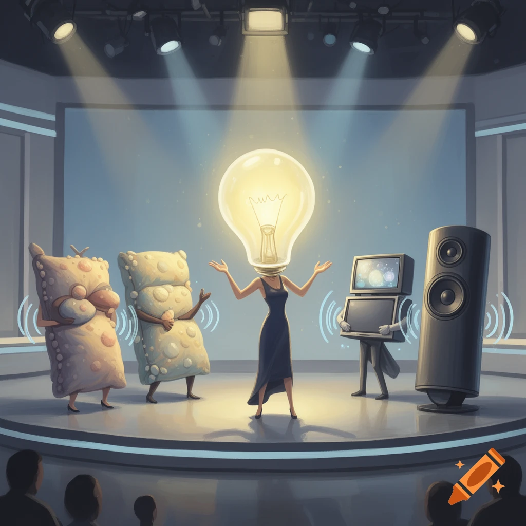 A cartoon illustration of a presenter with a lightbulb head on a stage, surrounded by anthropomorphic pillows, a TV-headed figure, and a large speaker, addressing an audience.