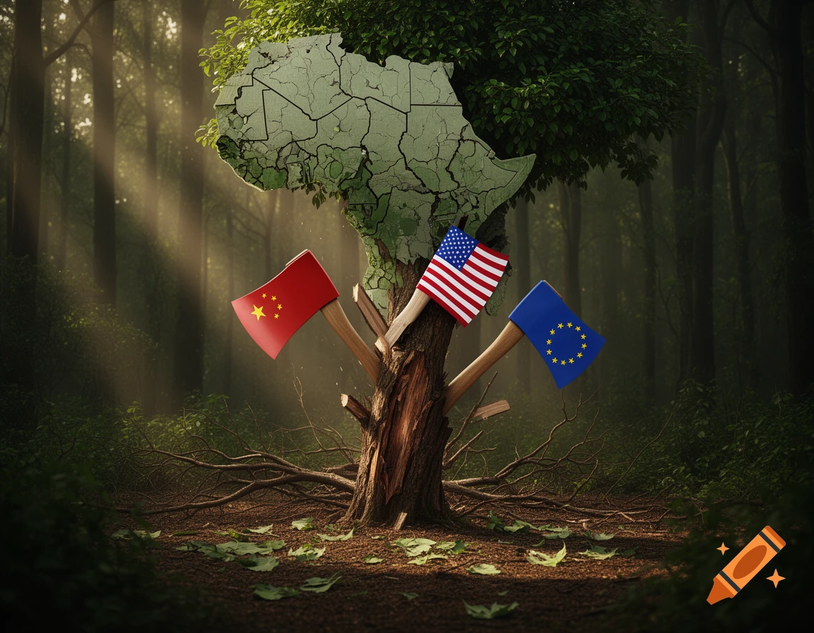 Photorealistic image of an Africa-shaped tree being cut by axes with China, USA, and EU flags in a forest.