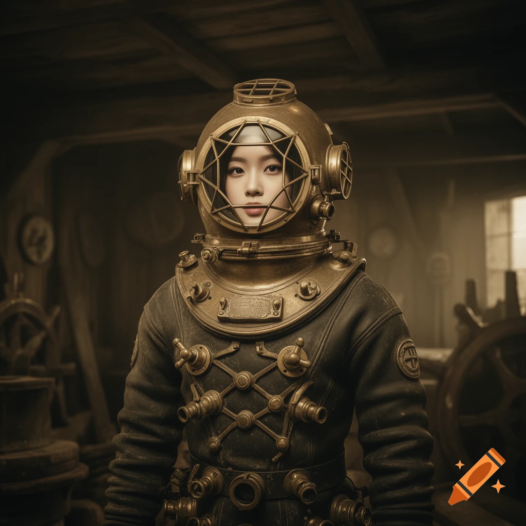 A woman with a calm expression, wearing a detailed brass vintage diving suit, stands in a dimly lit, rustic workshop.