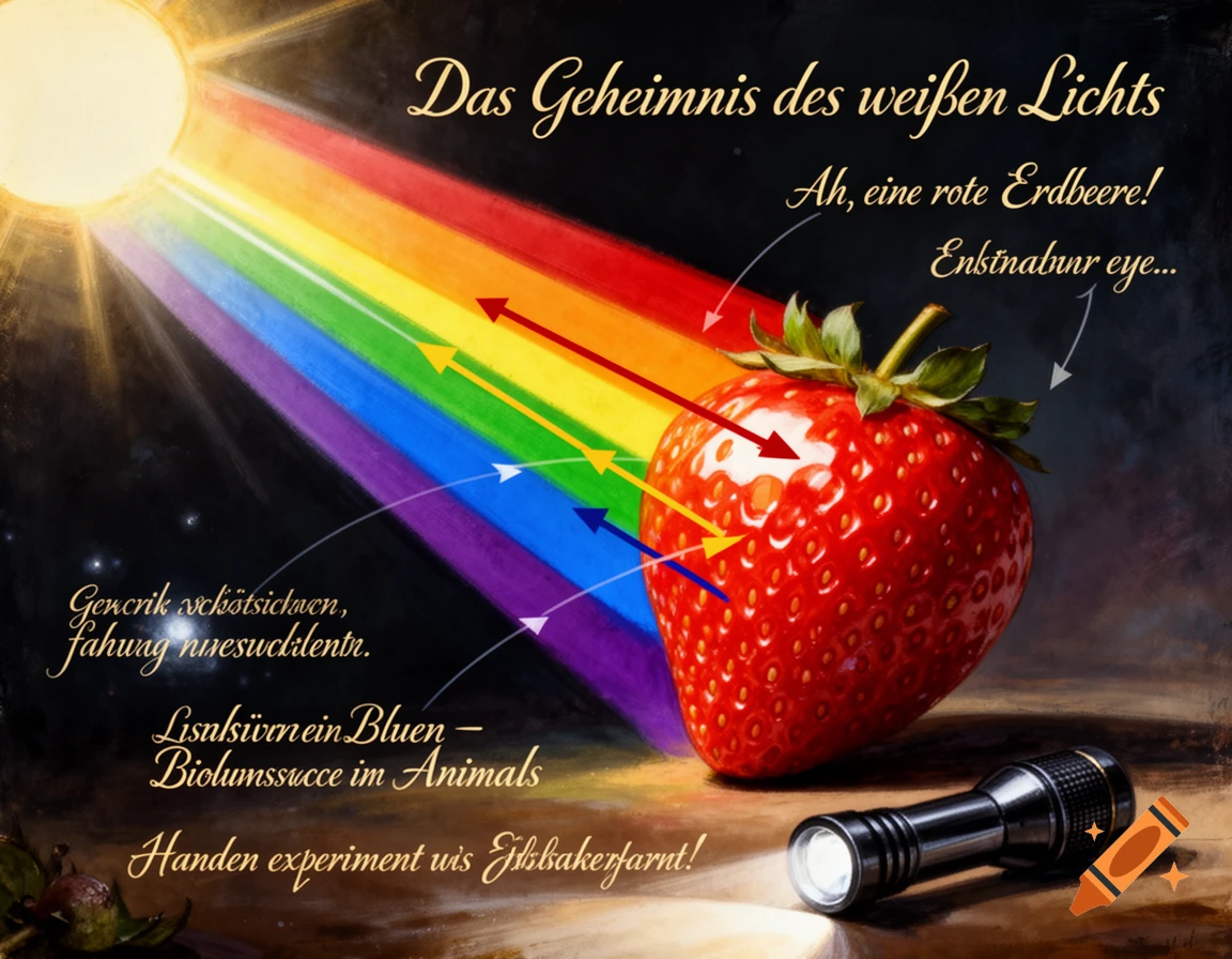 An illustration of white light from the sun dispersing into a rainbow, hitting a red strawberry, with some light reflecting and a flashlight on a table.