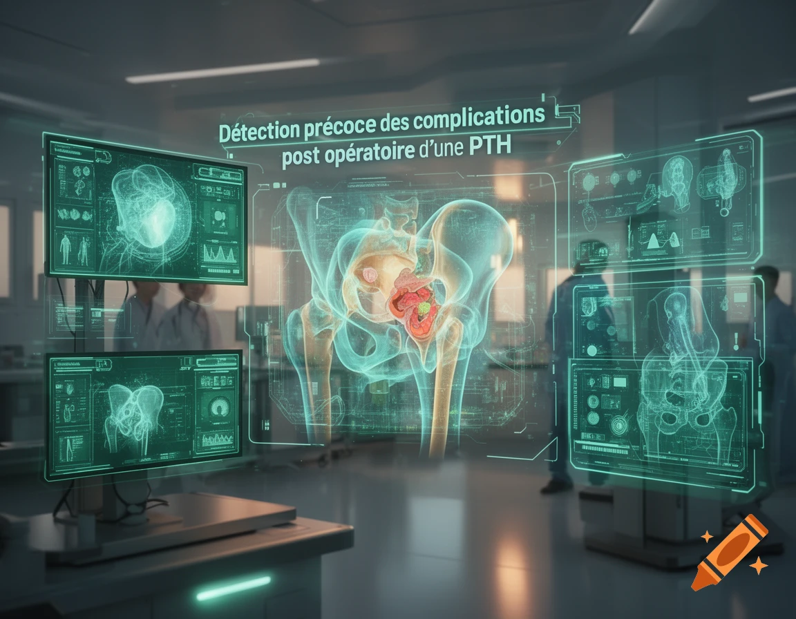 Holographic medical scan of a human pelvis and upper leg bones with highlighted internal structures, displayed in a futuristic lab.