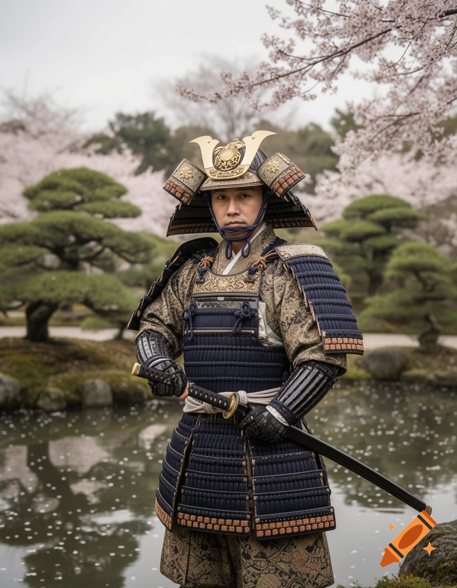 Photorealistic samurai in detailed armor, holding a katana, standing by a pond with cherry blossoms in a Japanese garden.